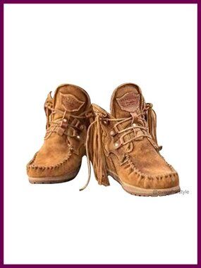 Faux Suede Fringed Ankle Boots Moc Toe Flat Western Booties